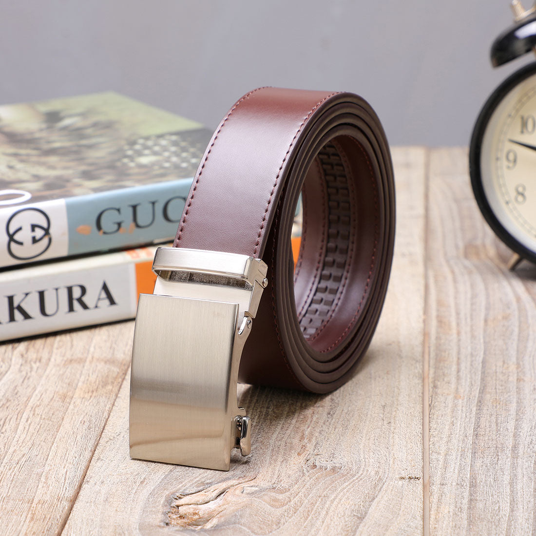Genuine Solid Leather Micro-Ratchet Belt | Steel Brass Buckle | Brown Strap - Tie, bowtie, pocket square  | Kissties