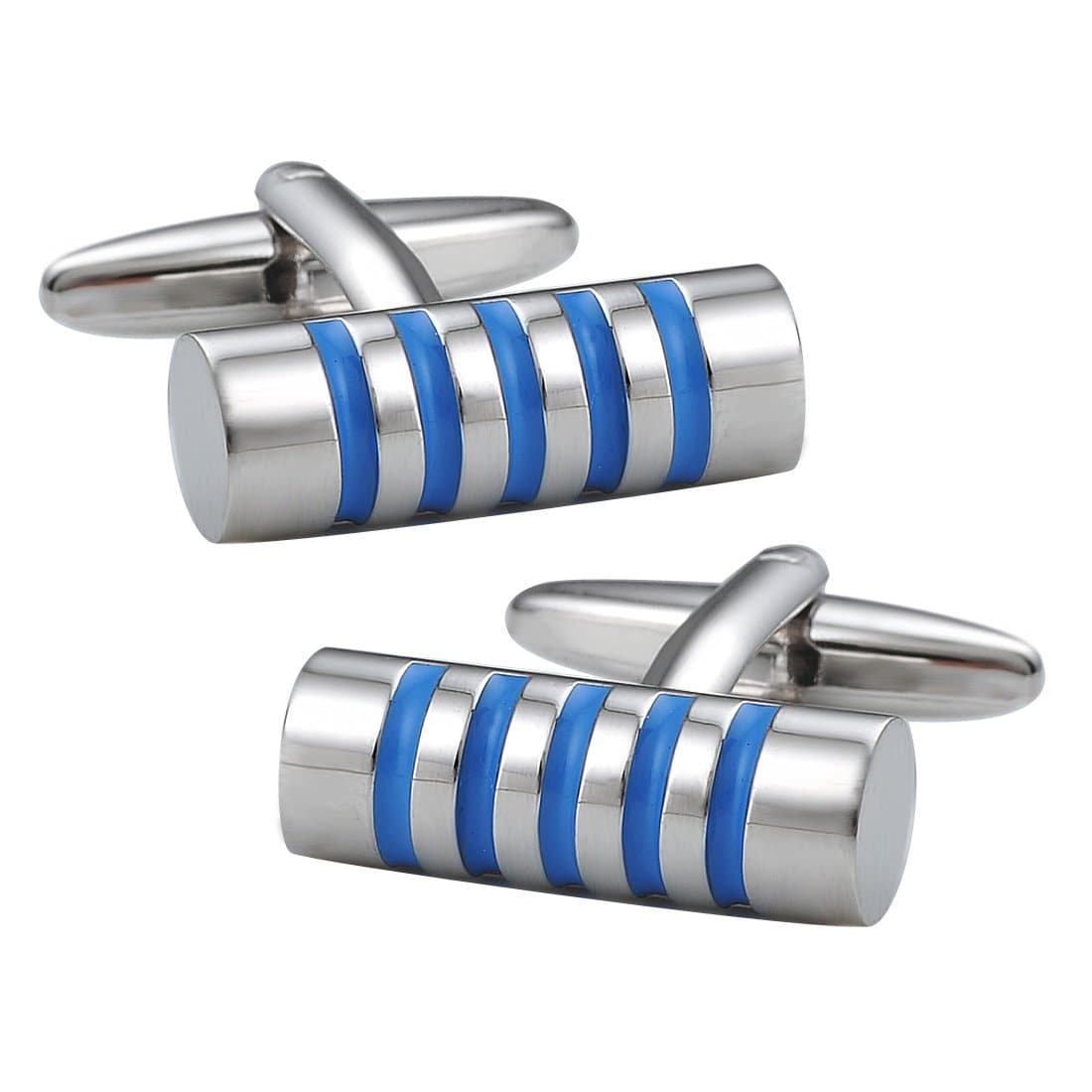 Classic Sliver Blue Stripe Cyclinder Cufflinks - Tie, bowtie, pocket square  | Kissties