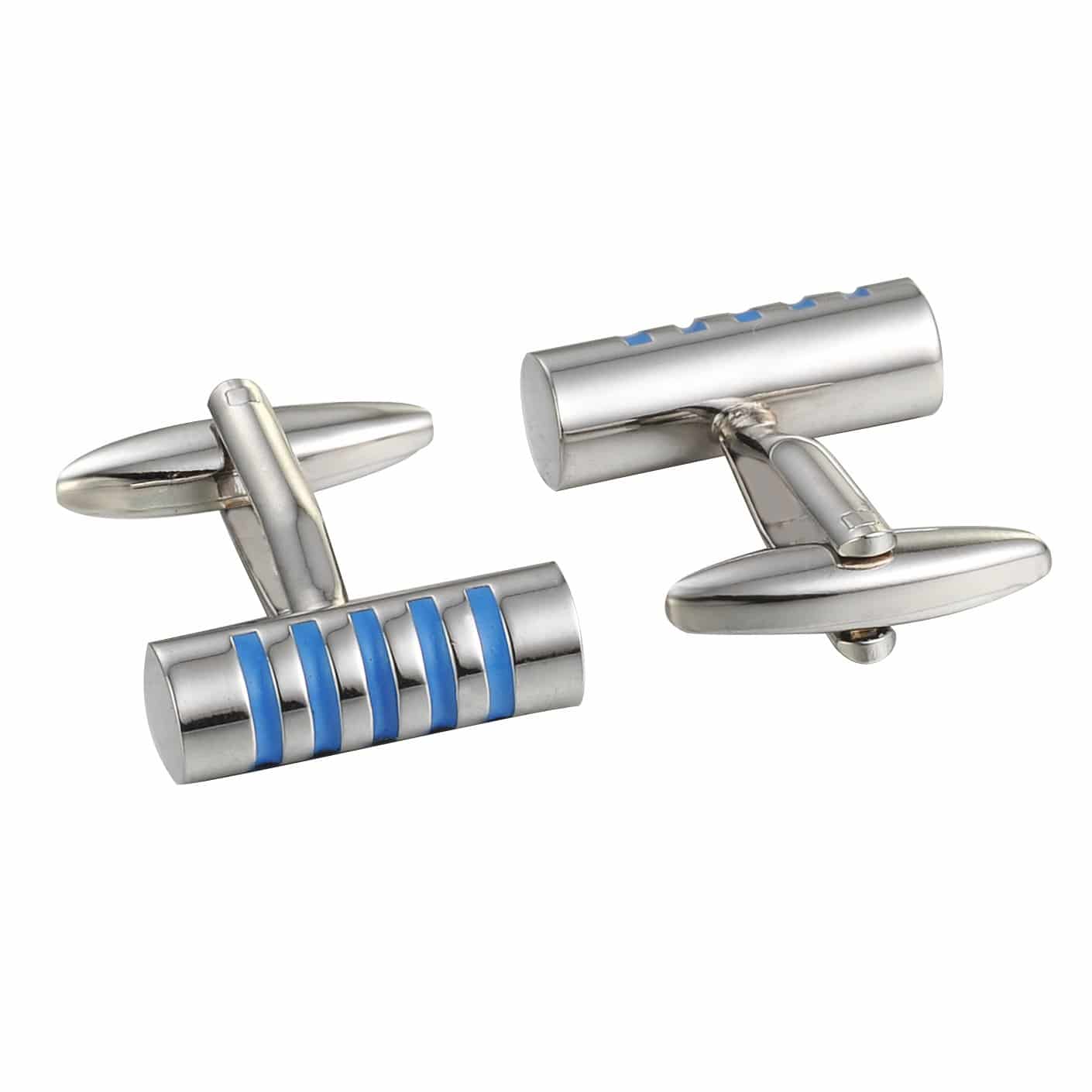 Classic Sliver Blue Stripe Cyclinder Cufflinks - Tie, bowtie, pocket square  | Kissties