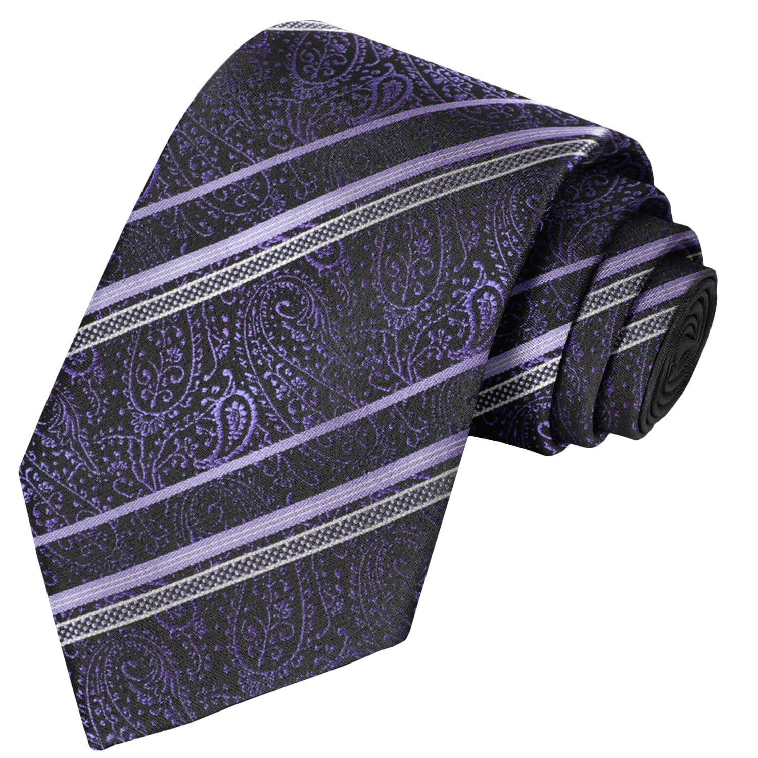 White Periwinkle Stripes  on Black-Amethyst Paisley Tie - Tie, bowtie, pocket square  | Kissties