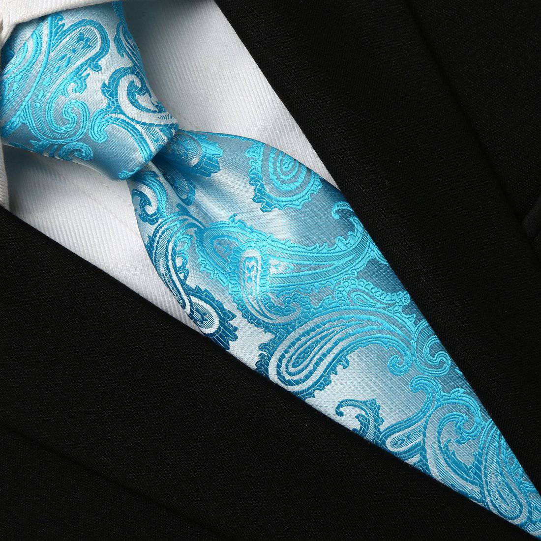 Silver  with Light Blue Paisley Pattern Tie - Tie, bowtie, pocket square  | Kissties