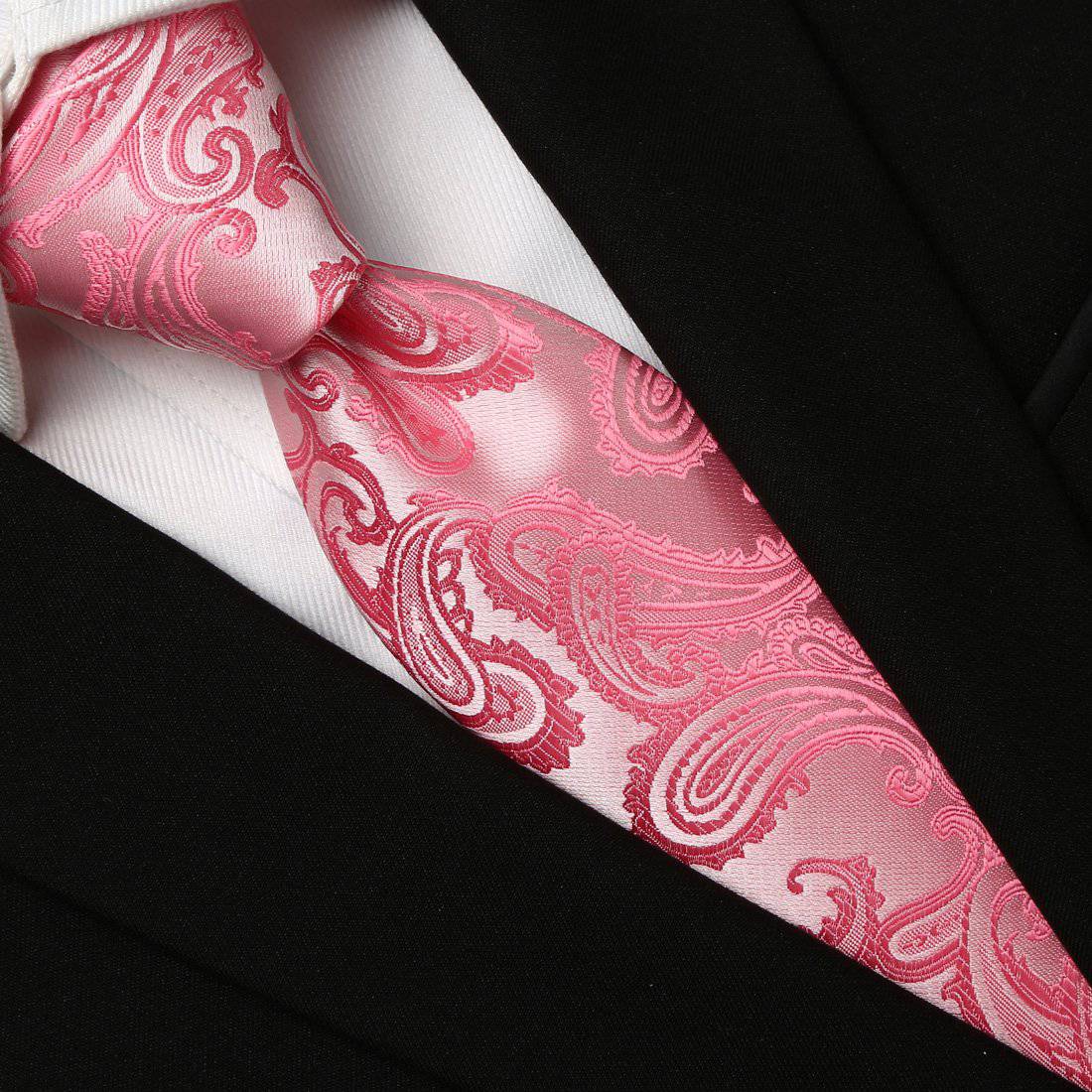 Tickle Me Pink on White Paisley Tie - Tie, bowtie, pocket square  | Kissties