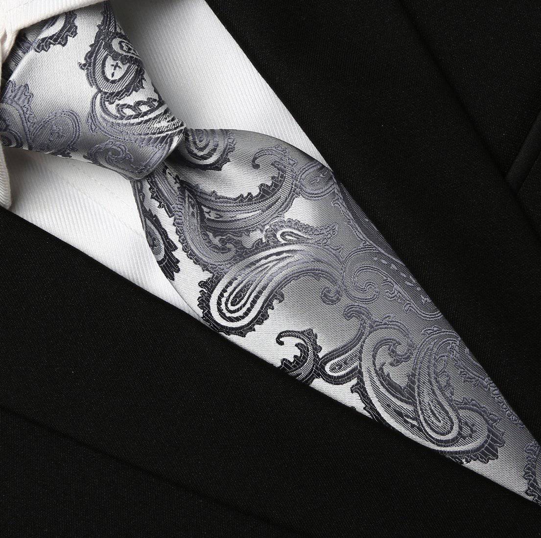 Charcoal on White Paisley Tie - Tie, bowtie, pocket square  | Kissties