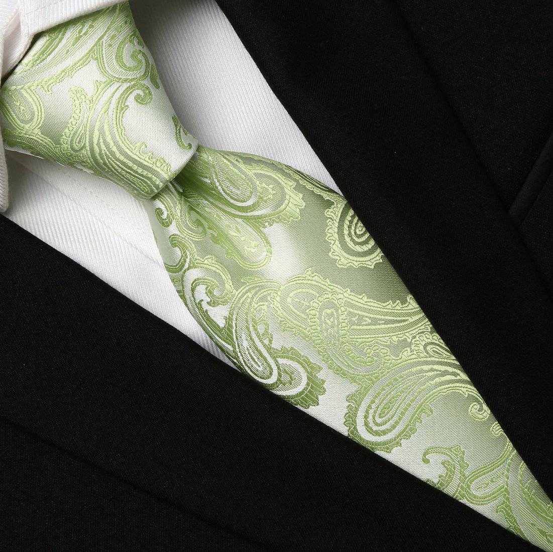 Tea Green on White Paisley Tie - Tie, bowtie, pocket square  | Kissties