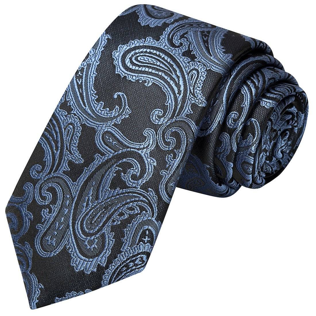 Steel Blue  on Black Paisley Tie - Tie, bowtie, pocket square  | Kissties