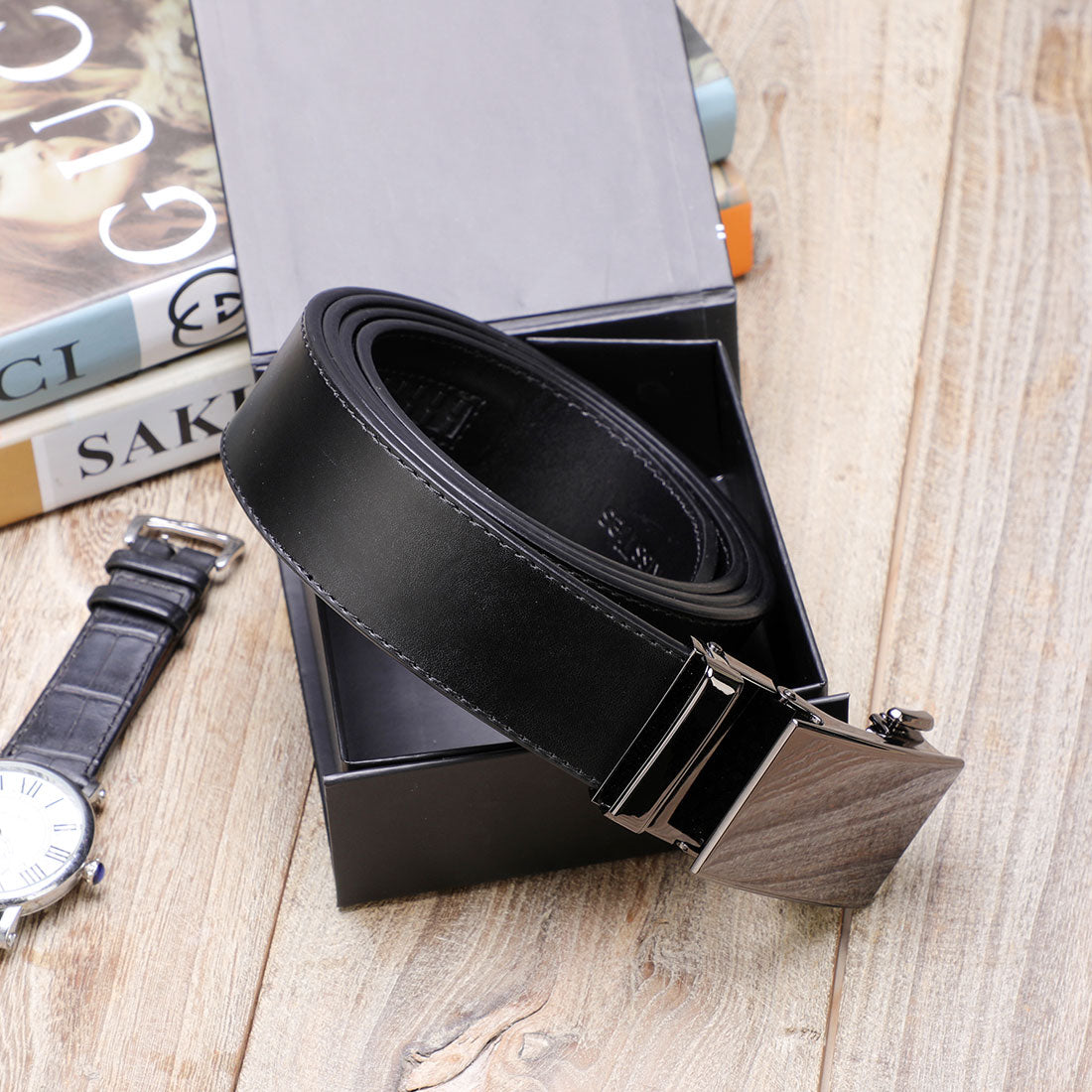 Genuine Solid Leather Micro-Ratchet Belt | Steel Silver Buckle | Black Strap - Tie, bowtie, pocket square  | Kissties