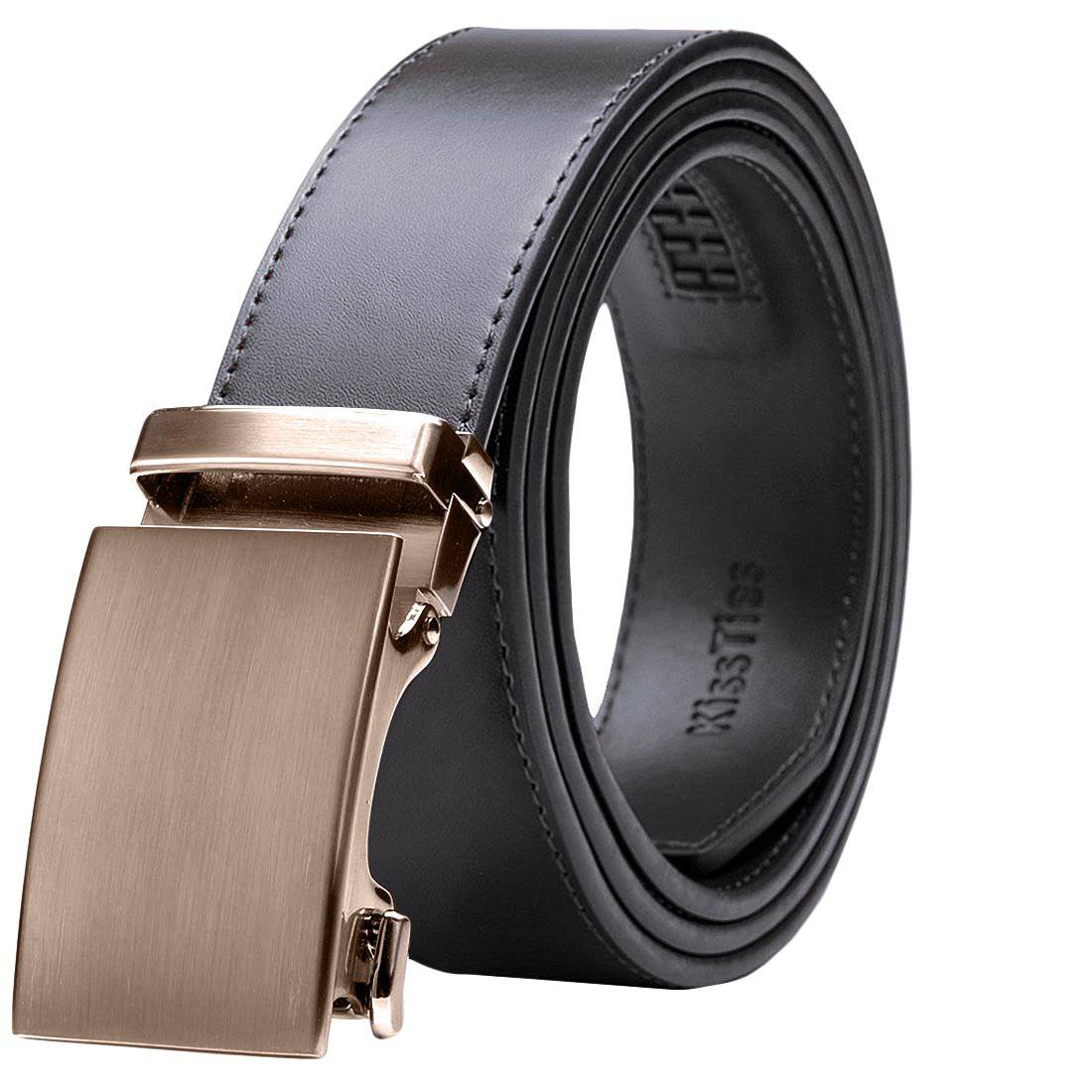 Genuine Solid Leather Micro-Ratchet Belt | Steel Brass Buckle | Black Strap - Tie, bowtie, pocket square  | Kissties