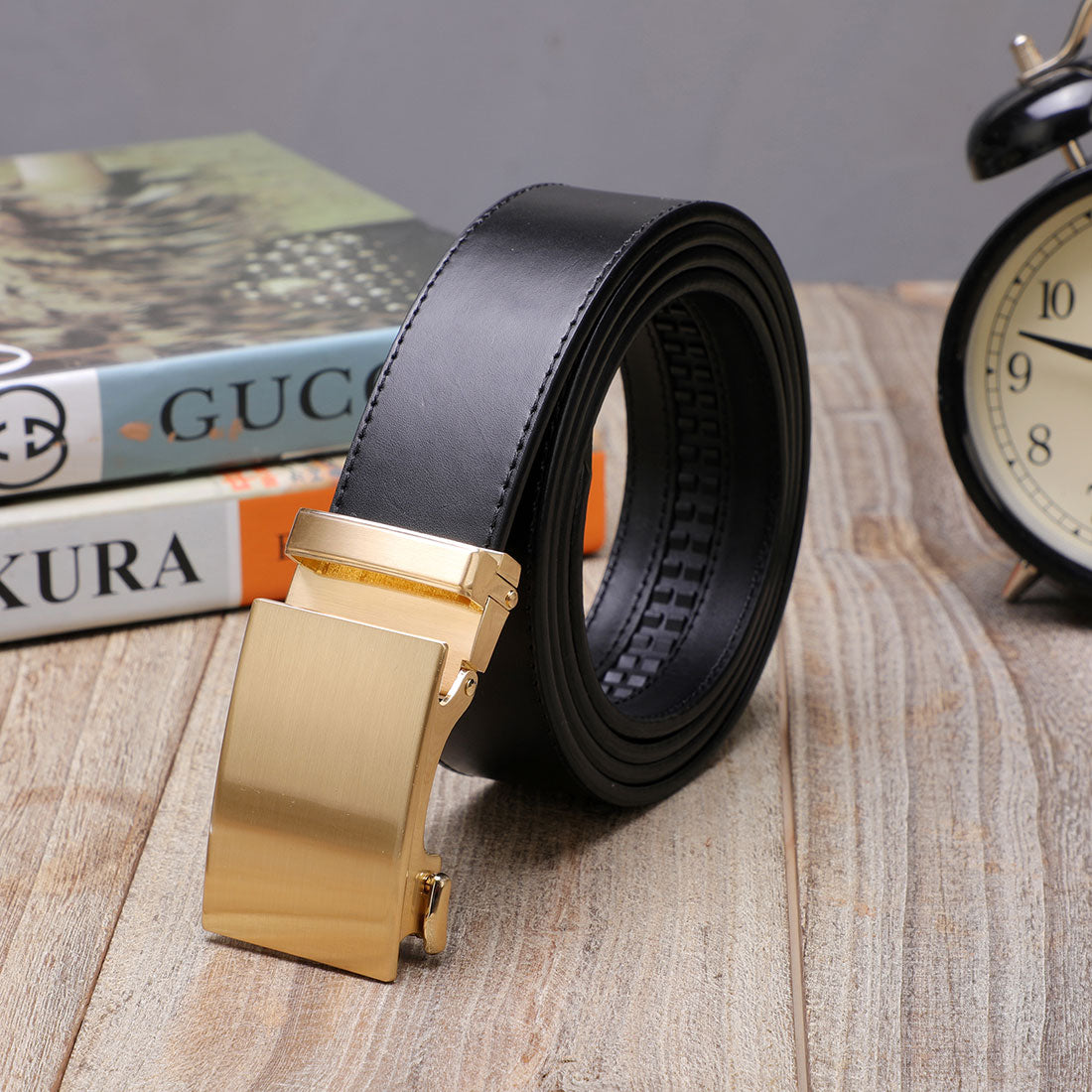 Genuine Solid Leather Micro-Ratchet Belt | Steel Gold Buckle | Black Strap - Tie, bowtie, pocket square  | Kissties