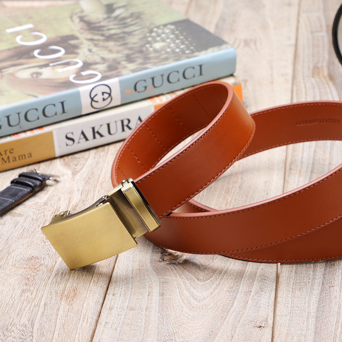 Genuine Solid Leather Micro-Ratchet Belt | Steel Gold Buckle | Tan Strap - Tie, bowtie, pocket square  | Kissties