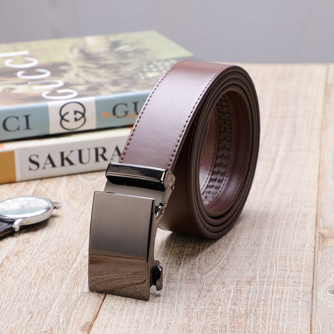 Genuine Solid Leather Micro-Ratchet Belt | Steel Black Buckle | Brown Strap - Tie, bowtie, pocket square  | Kissties