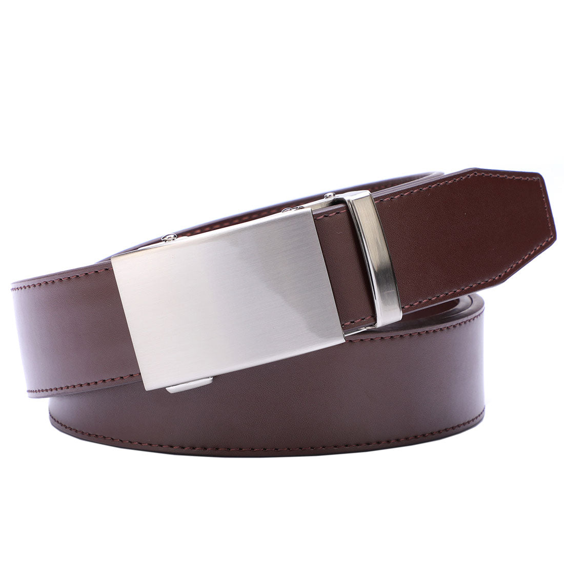 Genuine Solid Leather Micro-Ratchet Belt | Steel Silver Buckle | Brown Strap - Tie, bowtie, pocket square  | Kissties