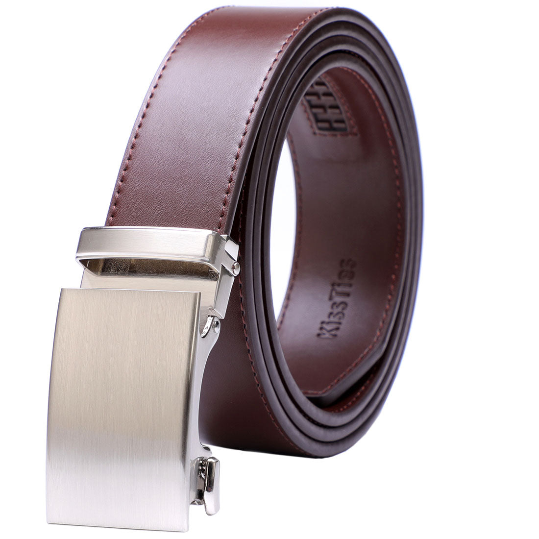 Genuine Solid Leather Micro-Ratchet Belt | Steel Silver Buckle | Brown Strap - Tie, bowtie, pocket square  | Kissties