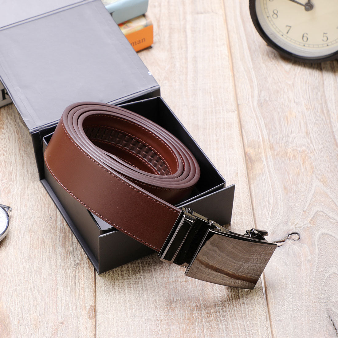 Genuine Solid Leather Micro-Ratchet Belt | Steel Black Buckle | Brown Strap - Tie, bowtie, pocket square  | Kissties