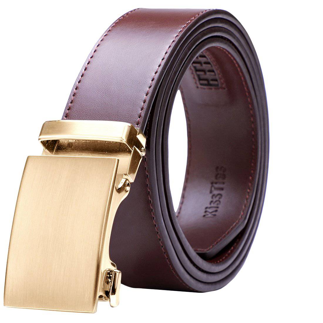 Genuine Solid Leather Micro-Ratchet Belt | Steel Gold Buckle | Brown Strap - Tie, bowtie, pocket square  | Kissties